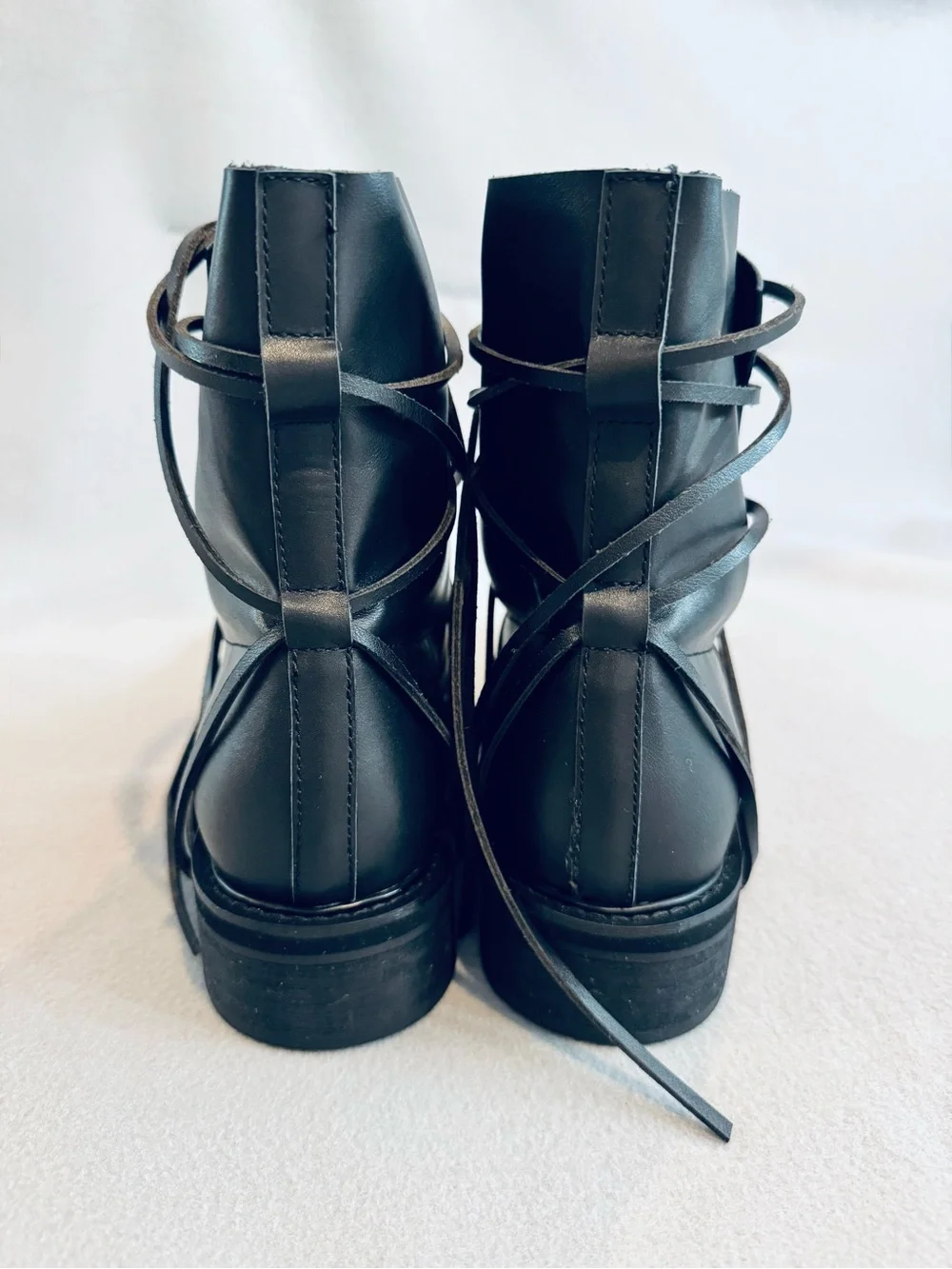 Black Leather Lace-Wrap Ankle Boot